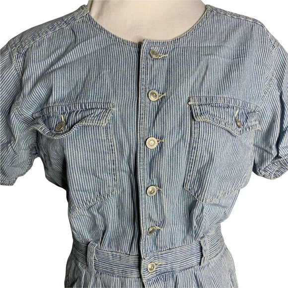 Vintage Gloria Vanderbilt Denim Romper M Blue Striped Buttons Pockets Elastic - Picture 2 of 7